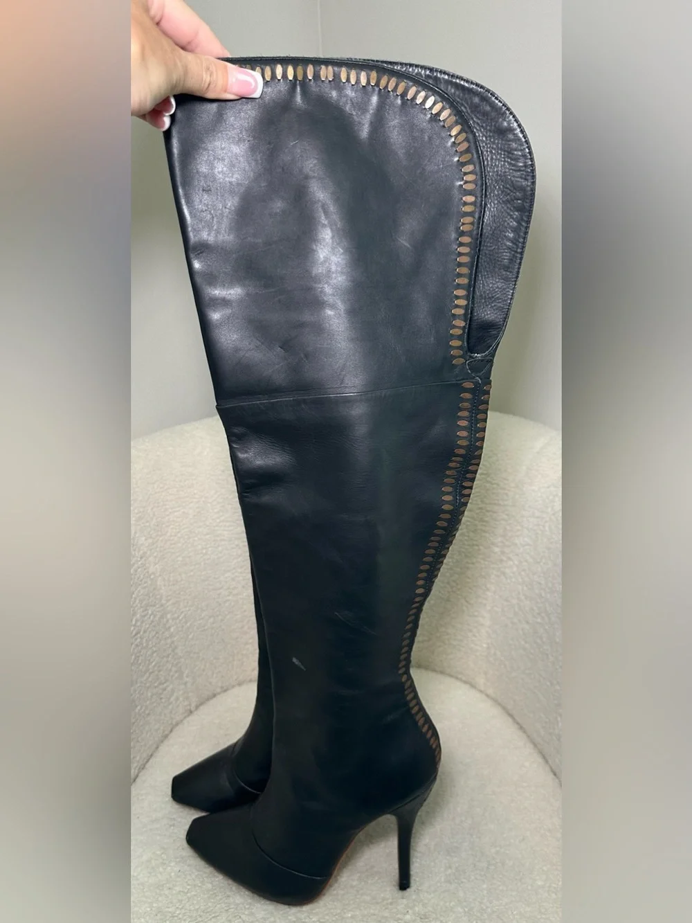 L.A.M.B. Black Leather Over-the-Knee Stiletto Boots Sexy Party Rich Luxury 8.5